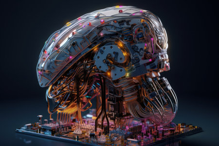 3d rendering of artificial intelligence concept with robot head and circuit boardの素材