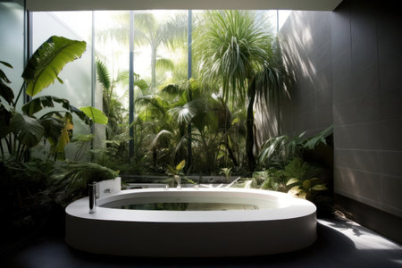 Interior of a modern bathroom with a bathtub and tropical plantsの素材