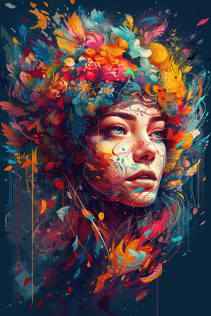 Artistic portrait of beautiful young woman with colorful flowers in her hair.の素材