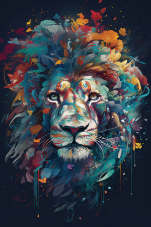 Colorful lion head and colorful leaves on black background, digital paintingの素材