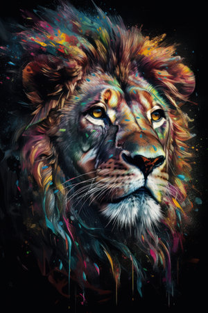 Lion head, colorful painting on black background, creative design.の素材