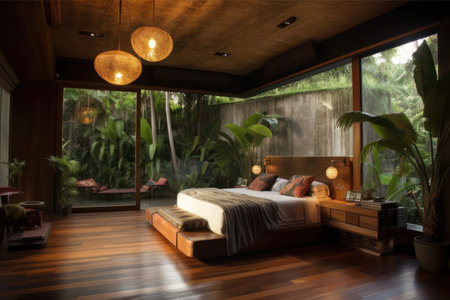 Luxury bedroom interior design in tropical garden. 3d renderingの素材