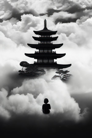 Silhouette of a woman sitting on the edge of a cloud with a temple in the backgroundの素材