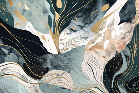 Abstract watercolor background with marble texture and golden lines. vector illustration.の素材