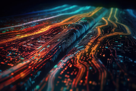 3d illustration of abstract technology background with glowing lines and bokehの素材