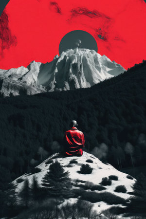 Digital composite of Man in red hoodie standing on top of mountainの素材
