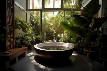 Bathtub in the garden with tropical plants in the background.の素材