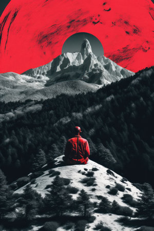 Man in red hoodie sitting on top of the mountain and looking at the sunの素材