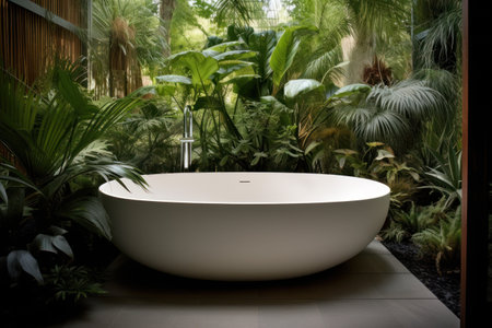 Bathtub in the garden with tropical plants and fernsの素材