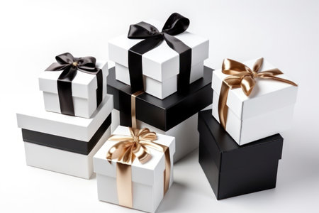 Black and white gift boxes with gold bows on a white background.の素材
