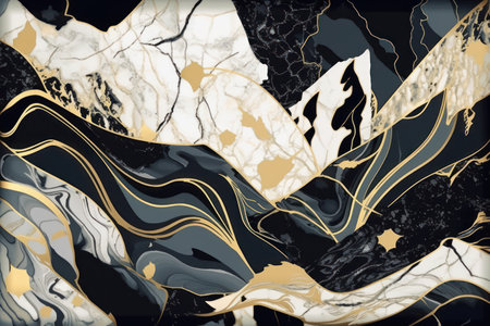 Marble patterned background. Marbling texture design with gold and black colors.の素材
