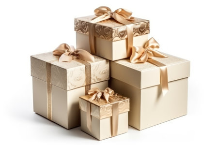 Three gold gift boxes with ribbons isolated on a white background.の素材