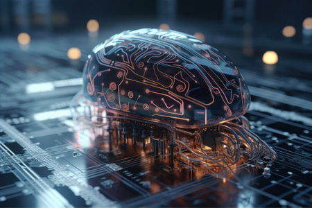 3D rendering of an artificial intelligence brain on a circuit board.の素材