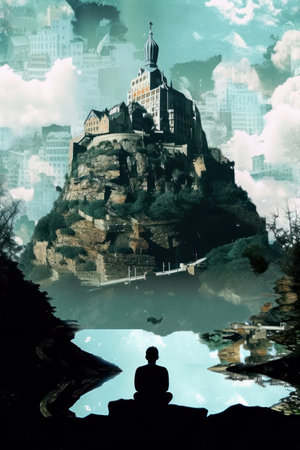 Man sitting on the top of the mountain and looking at the cityの素材