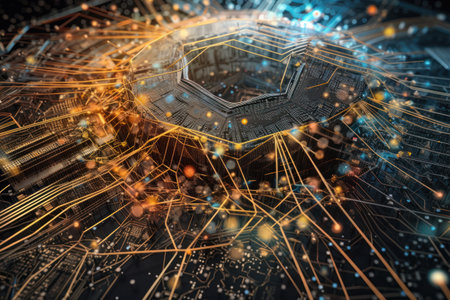 Abstract technology background with circuit board. 3d rendering toned image double exposureの素材