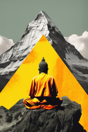 Buddhist monk sitting on a rock and looking at the mountainの素材