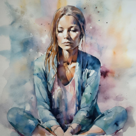 Beautiful young woman with long hair, watercolor painting on canvasの素材
