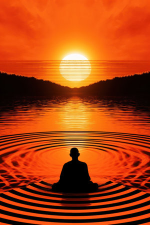 Man meditating in the lotus position on the lake at sunsetの素材