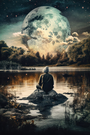 Old man sitting on a rock by the lake and looking at the moonの素材