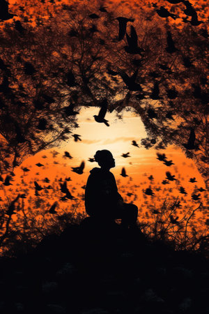 Silhouette of a girl sitting on a rock in front of the sunsetの素材