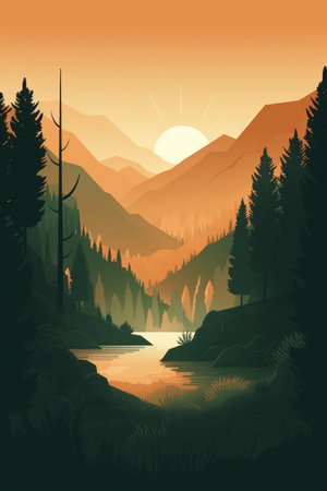 Mountain landscape with lake and forest at sunset. vector illustration.の素材