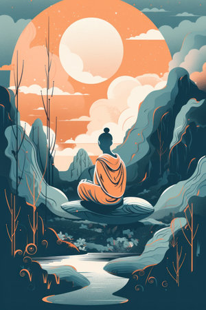 Vector illustration of a Buddhist monk meditating on a rock in the forest.の素材