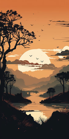 Landscape of lake and forest with birds at sunset. vector illustration.の素材