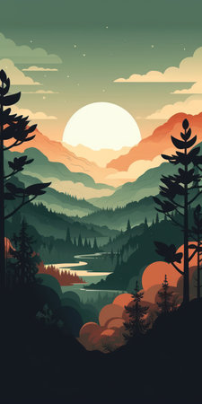 Mountain landscape with lake, forest and sunset. vector illustration.の素材