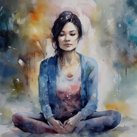 Beautiful young woman in lotus pose, watercolor painting.の素材