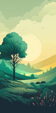 Beautiful landscape with a tree in the forest. vector illustration.の素材