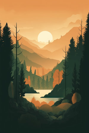 Silhouette of forest with lake and mountains. vector illustration.の素材