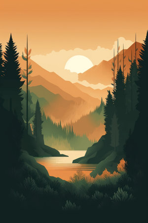 Fantastic landscape with lake and forest. Vector illustration in retro styleの素材