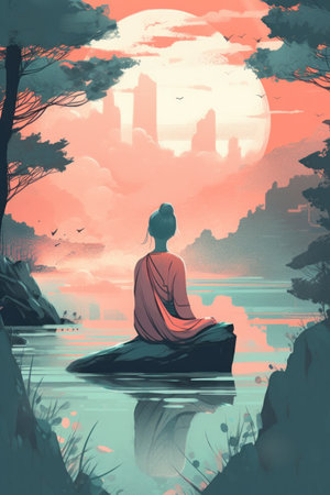 Illustration of a Buddhist monk sitting on a rock by the lakeの素材