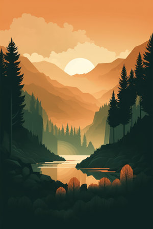 Mountain landscape with lake and forest at sunset. vector illustration.の素材