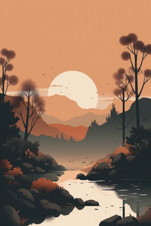 Landscape with mountains, river, forest and sunset. vector illustration.の素材