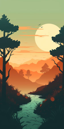 Forest landscape with river at sunset. vector illustration. EPS 10.の素材