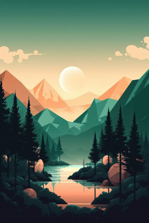 Mountains and lake with coniferous forest. vector illustration.の素材