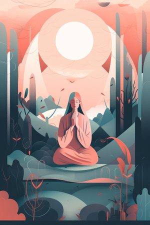 Vector illustration of a woman praying in the forest at sunset. cartoon style.の素材