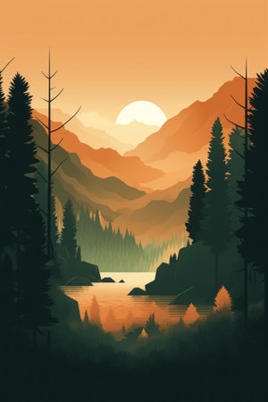 Mountain landscape with lake and forest at sunset. vector illustration.の素材
