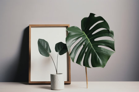 Tropical monstera leaves in vase and photo frame on tableの素材