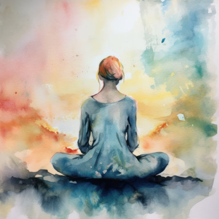 Young woman doing yoga in the lotus position. watercolor painting.の素材