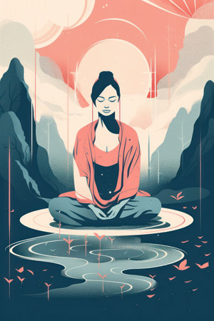 Beautiful asian woman meditating in lotus pose on the lake. vector illustration.の素材