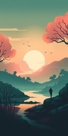 Illustration of a man standing in the middle of the river at sunsetの素材