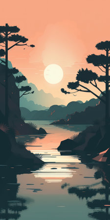 Landscape with mountains, river and trees at sunset. vector illustrationの素材
