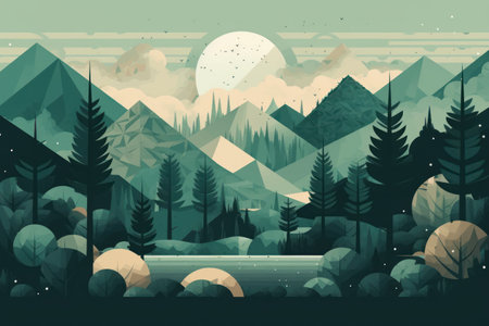 Forest landscape background with mountains and river. Vector illustration in flat styleの素材