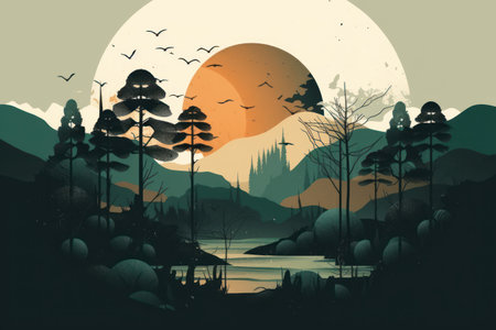 Landscape with lake, forest, mountains and sunset. vector illustration.の素材