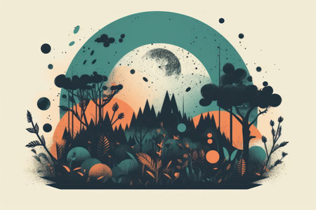 Grunge Landscape with Moon and Trees. vector illustration.の素材