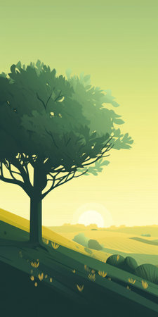 Landscape with a tree in the middle of a field. vector illustration.の素材