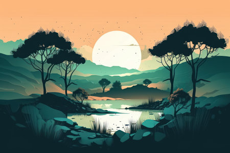 Landscape with trees and lake at sunset time. vector illustration.の素材