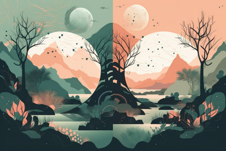 Landscape with trees and mountains. Vector illustration in retro style.の素材